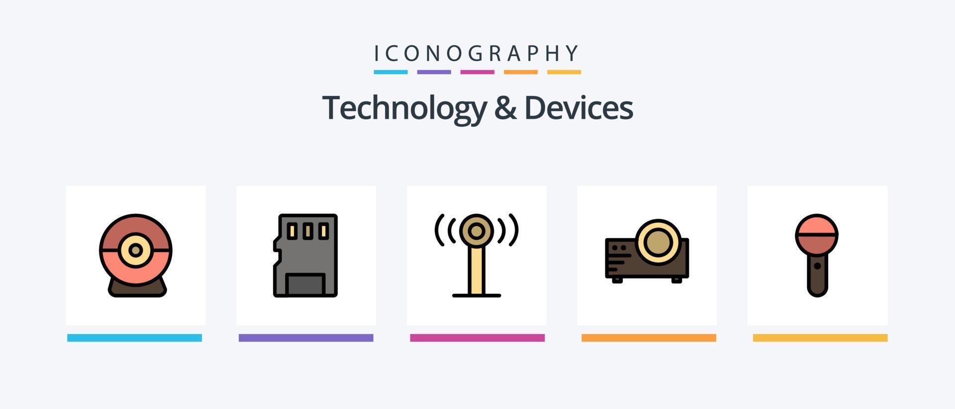 linha de dispositivos cheia de 5 ícones incluindo pc. computador. telefone. som. microfone. design de ícones criativos vetor