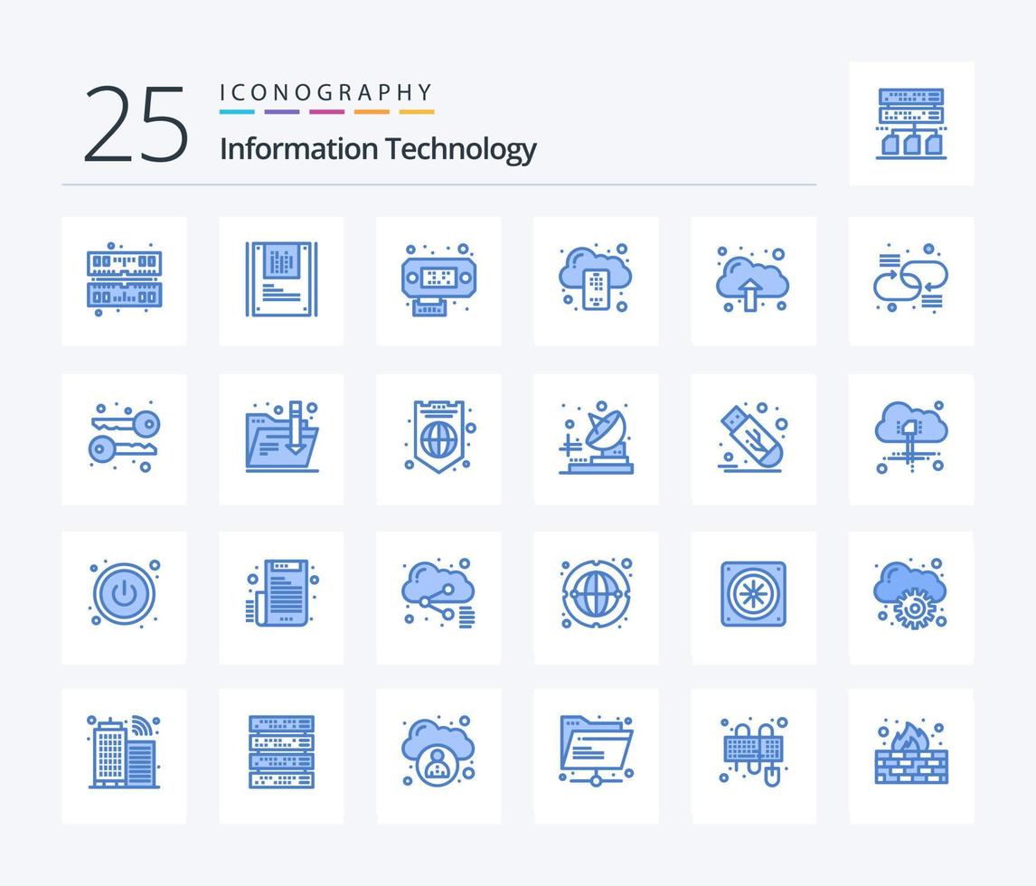 tecnologia da informação pacote de ícones de 25 cores azuis, incluindo cadeia. dados. dados. nuvem. móvel vetor