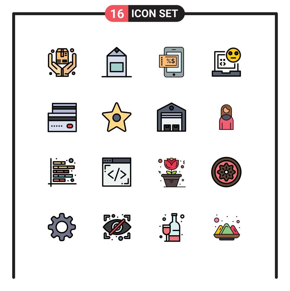 pacote de interface do usuário de 16 linhas básicas preenchidas com cores planas de erros de compras de cartões de comércio eletrônico desenvolvem elementos de design de vetores criativos editáveis