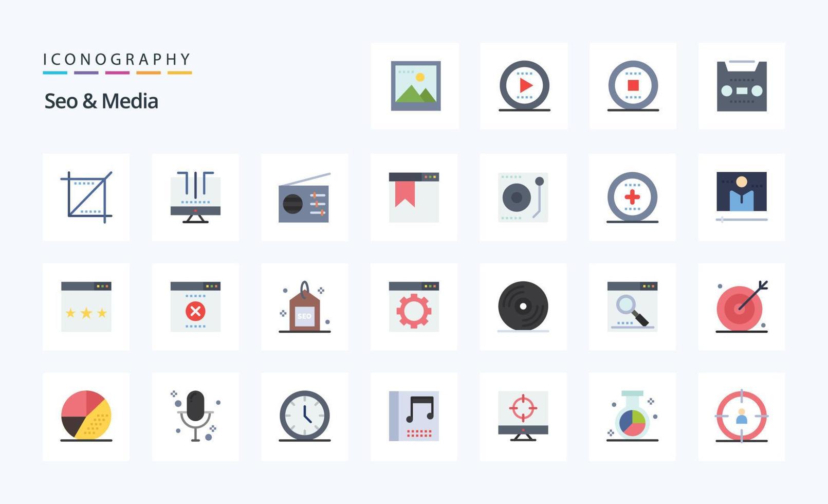 pacote de ícones de cores planas de 25 seo media vetor