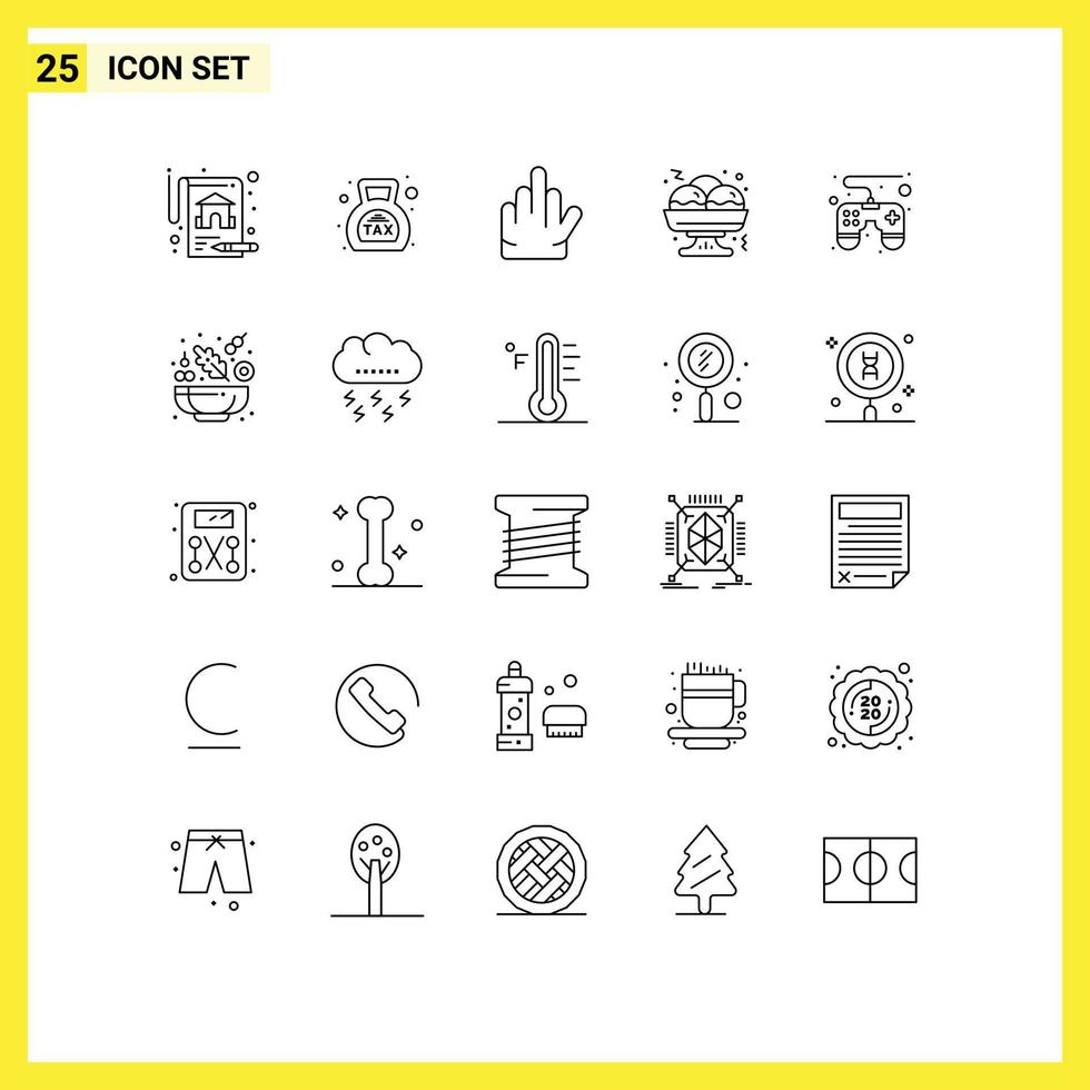 conjunto moderno de pictograma de 25 linhas de pad de jogo de pepino, controle de gestos, comida, elementos de design de vetores editáveis