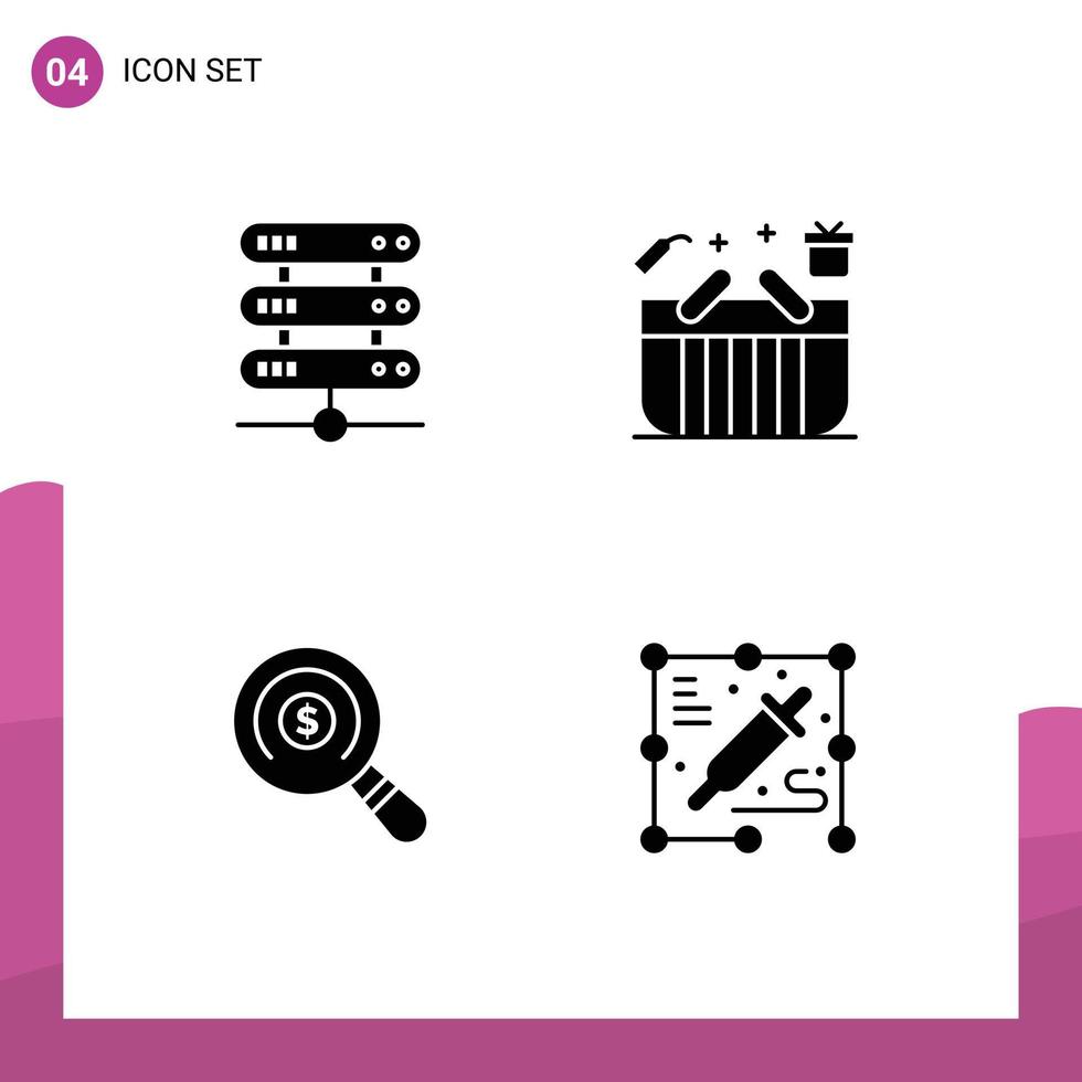Pacote de glifos sólidos de 4 interfaces de usuário de sinais e símbolos modernos de computação, armazenamento de comércio eletrônico, pesquisa de presentes, elementos de design vetorial editáveis vetor