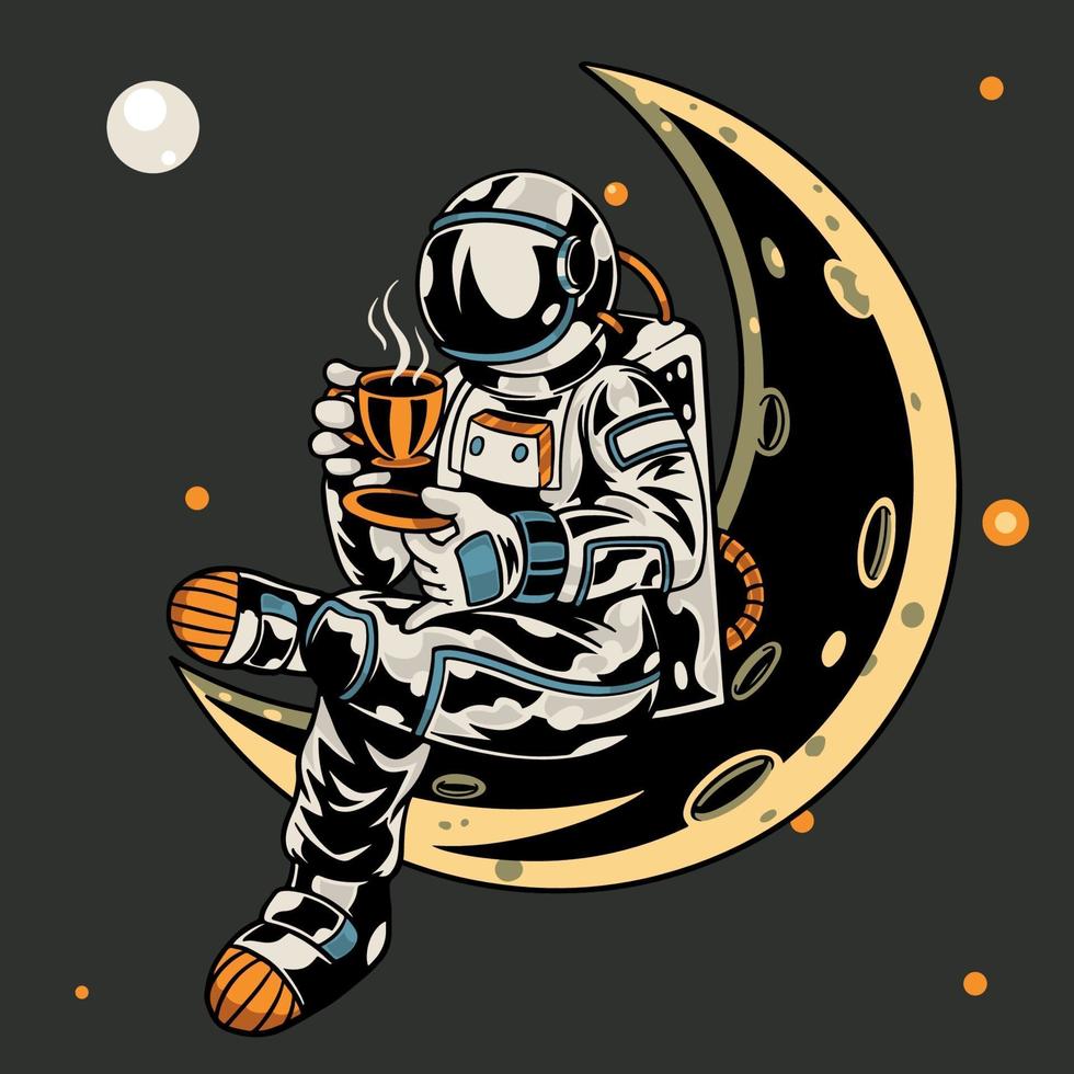 astronauta sentado na lua segurando uma xícara de café, camiseta e roupas de design moderno com tipografia simples, bom para gráficos de camisetas, pôsteres, impressão e outros usos. ilustração vetorial vetor
