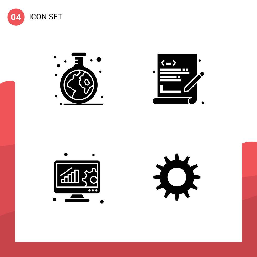 conjunto de glifos sólidos de interface móvel de 4 pictogramas de análise de dados químicos programação de tubo avaliação online elementos de design vetorial editável vetor