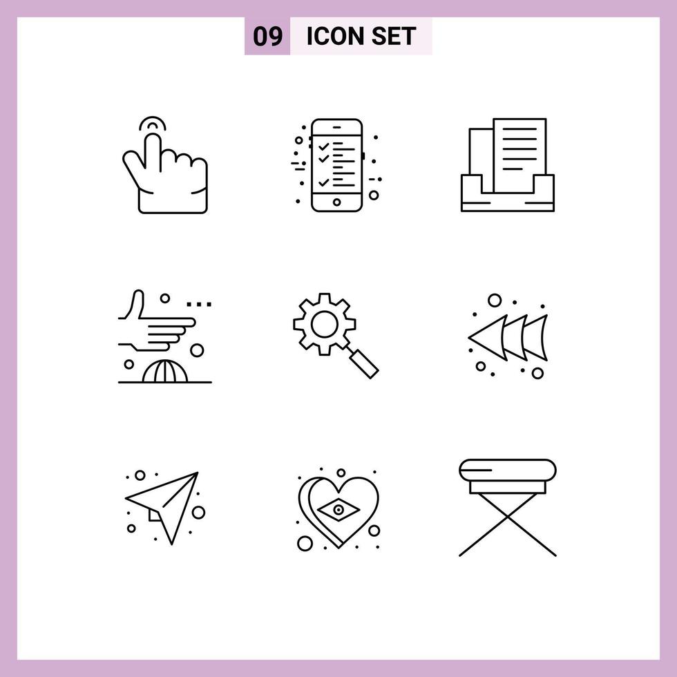 conjunto de 9 sinais de símbolos de ícones de interface do usuário modernos para definir elementos de design de vetores editáveis de pesquisa de caixa de pesquisa aperto de mão