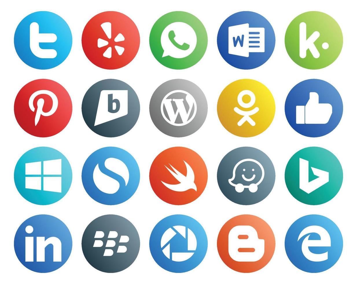 20 pacotes de ícones de mídia social, incluindo linkedin waze wordpress swift windows vetor