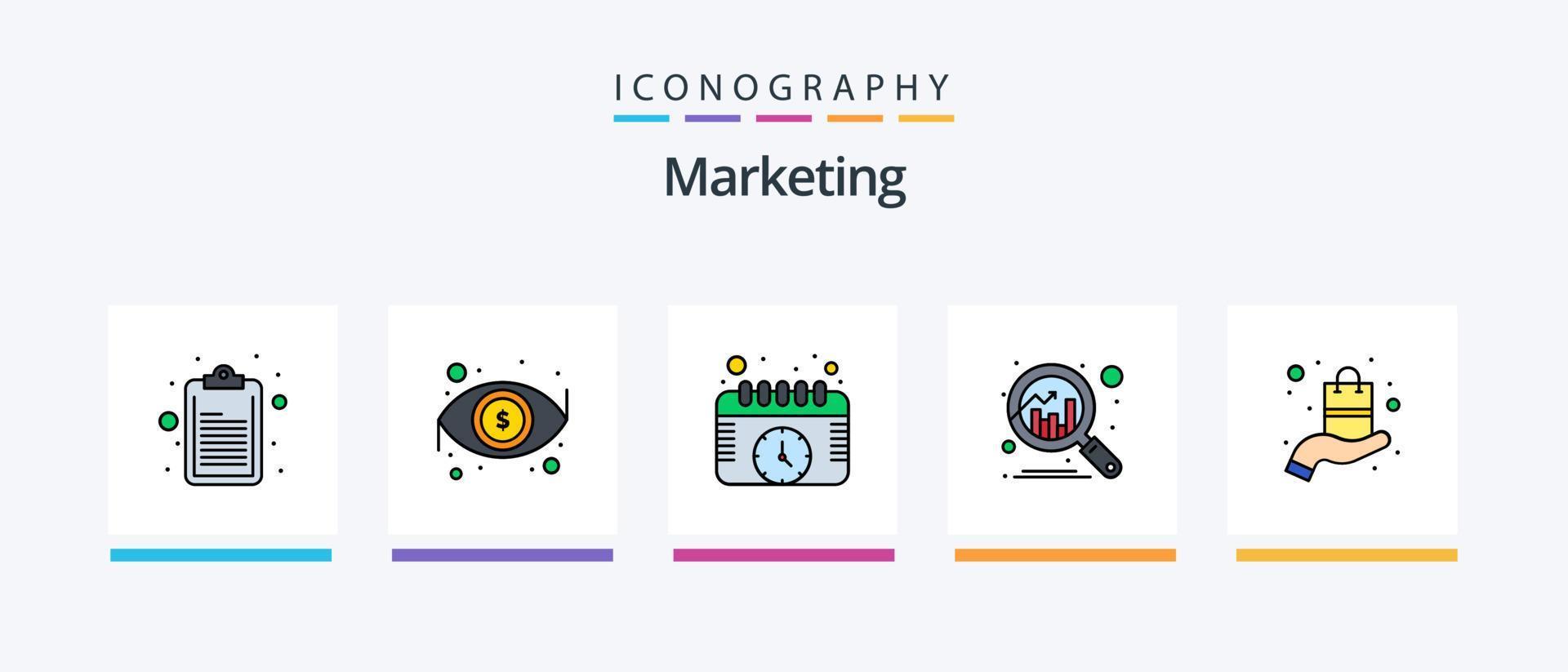 a linha de marketing preencheu o pacote de 5 ícones, incluindo o gráfico. seo. placa de sinal. vendas. filtro. design de ícones criativos vetor