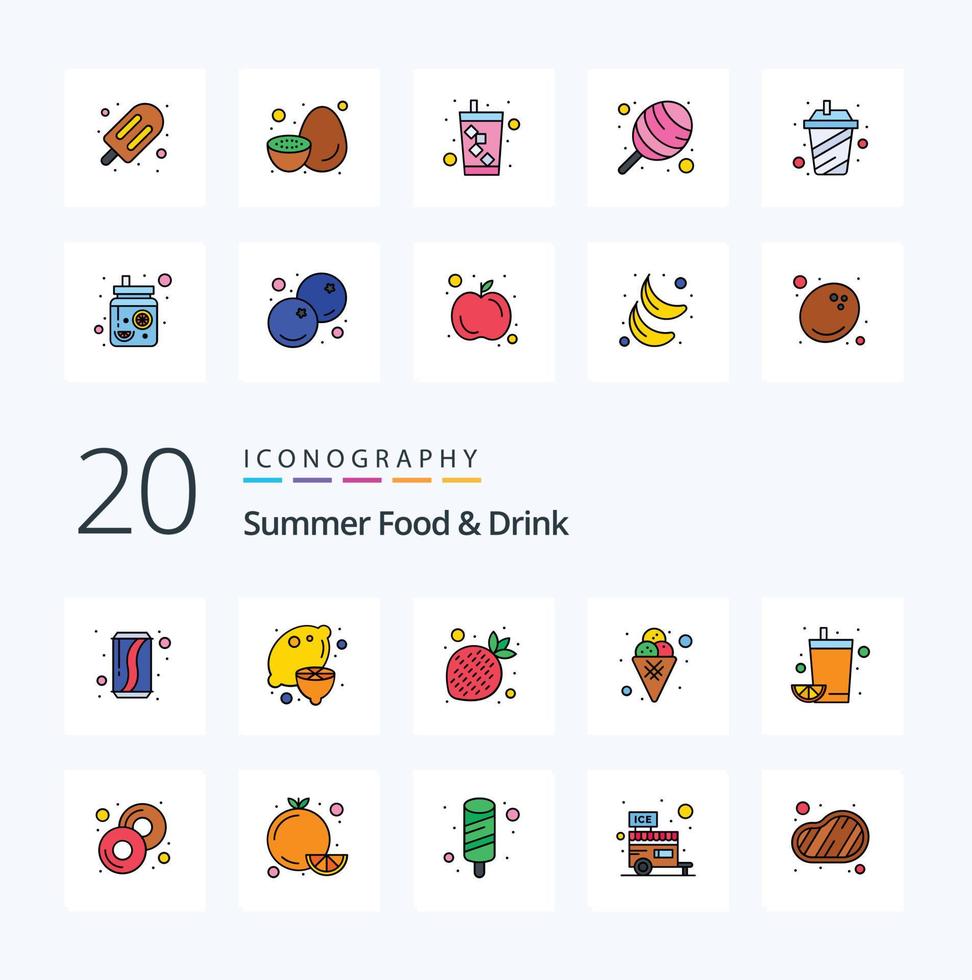 20 pacote de ícones de cores cheias de linha de comida de verão como sorvete de frutas doces vetor