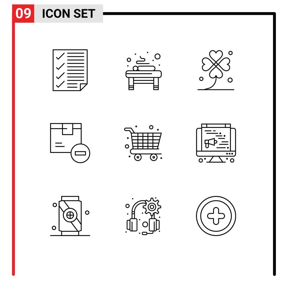 9 ícones criativos, sinais e símbolos modernos de mercadorias, exclua a caixa de spa, os elementos de design do vetor editável irlandês