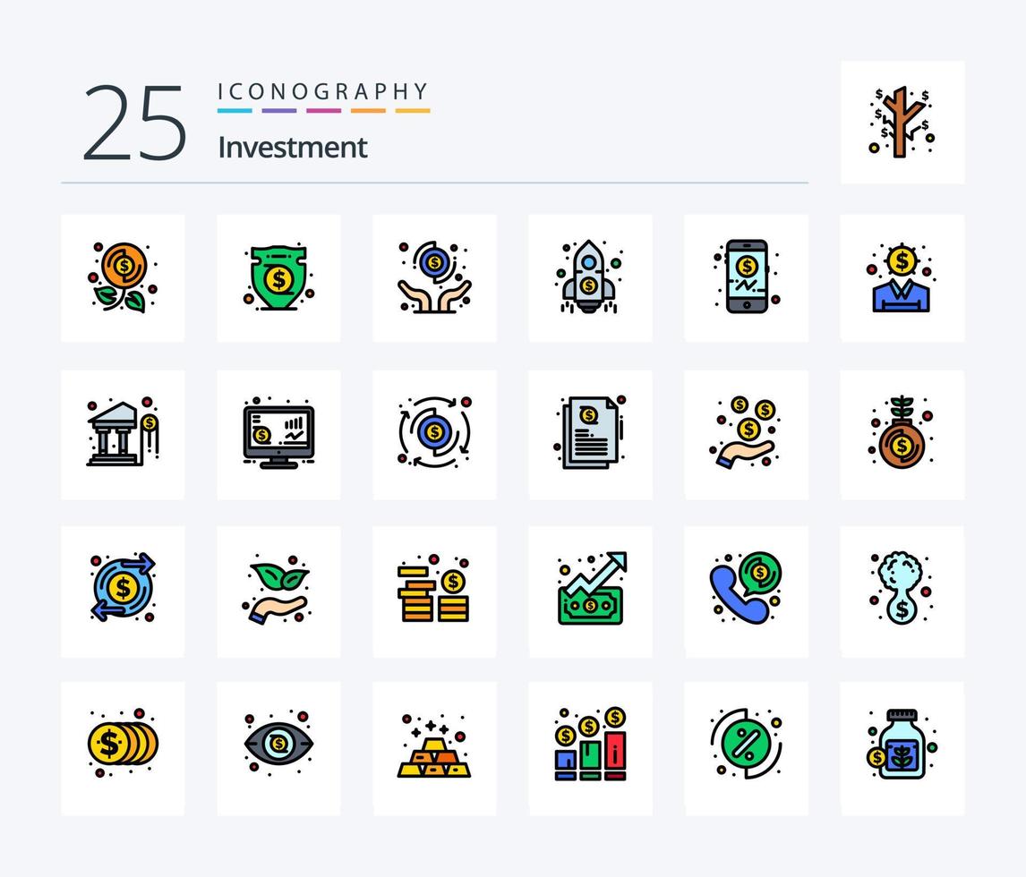 pacote de ícones preenchidos com 25 linhas de investimento, incluindo investimento. foguete. dólar. dinheiro. finança vetor