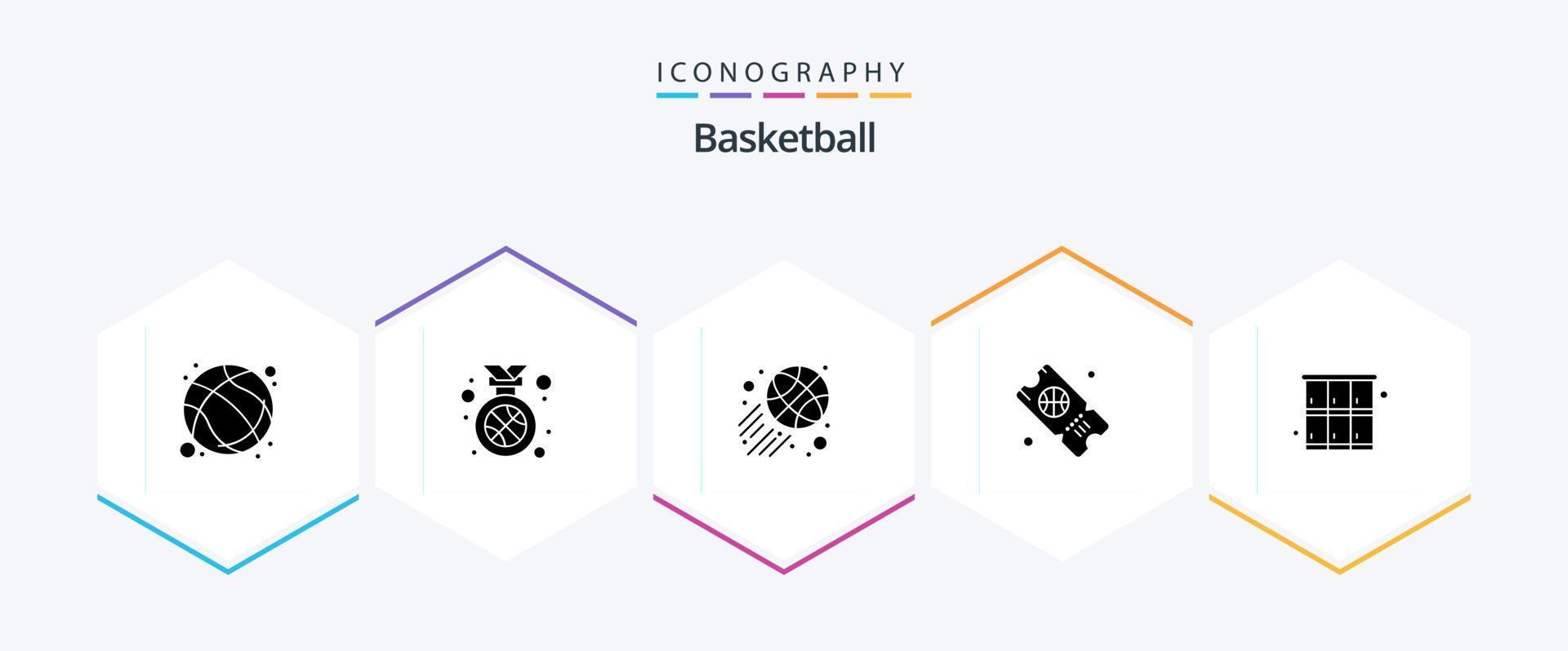 pacote de ícones de 25 glifos de basquete, incluindo seguro. gabinete. posição. bilhete. basquetebol vetor