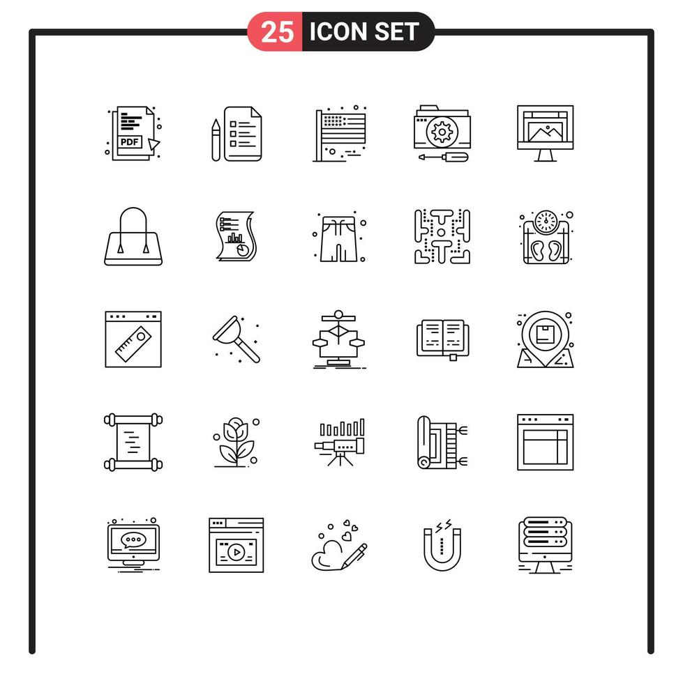 pacote de ícones vetoriais de estoque de 25 sinais e símbolos de linha para ferramentas de computador pasta de configuração de bandeira elementos de design de vetores editáveis