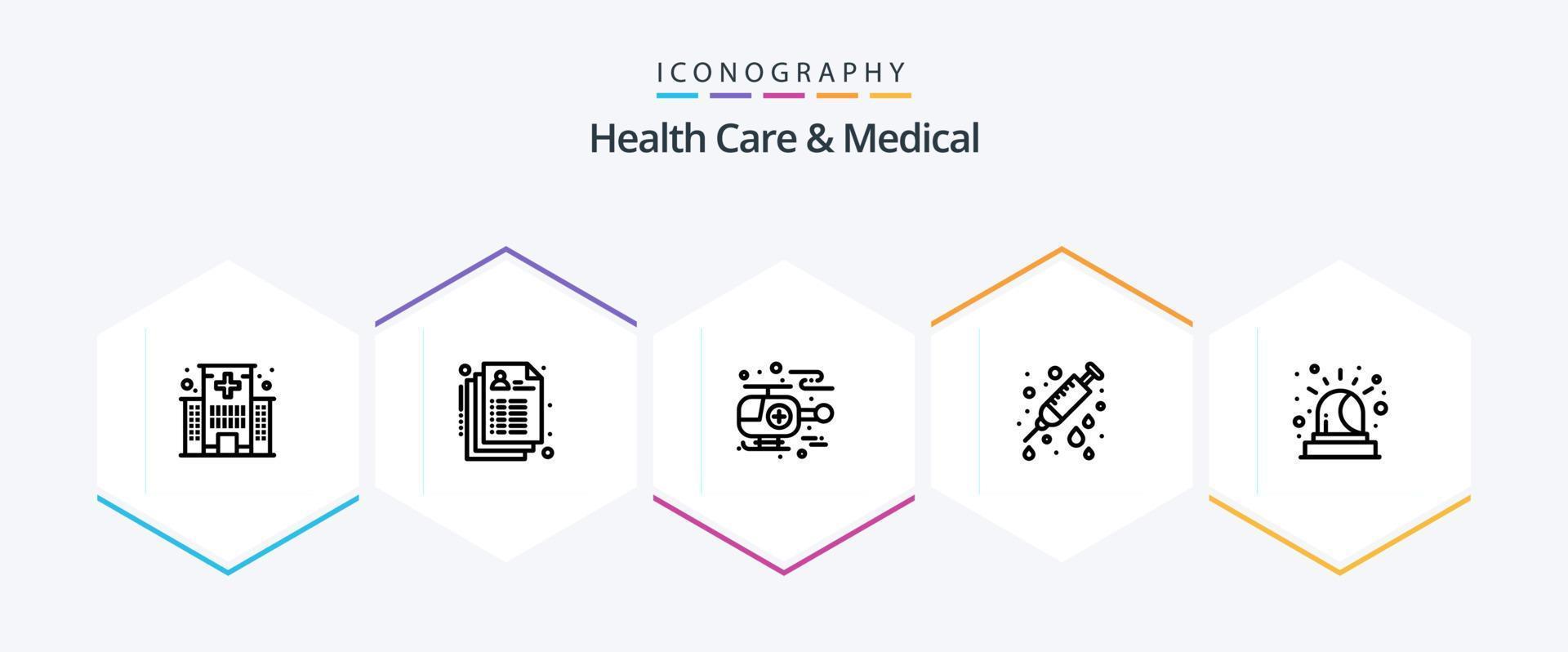 cuidados de saúde e pacote de ícones médicos de 25 linhas, incluindo emergência. agulha. registro. hospital. Cuidado vetor