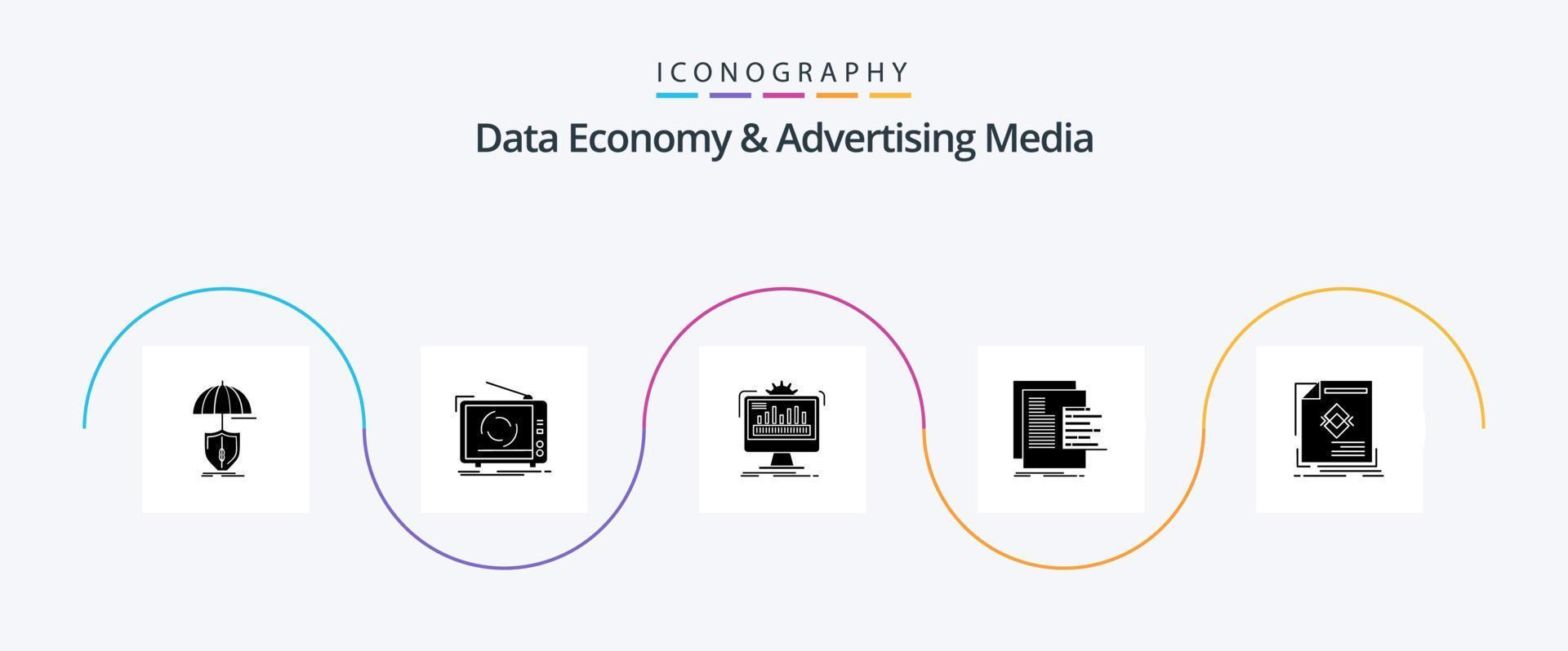 economia de dados e pacote de ícones de glyph 5 de mídia publicitária, incluindo gráfico. gráfico. televisão. em processamento. monitor vetor