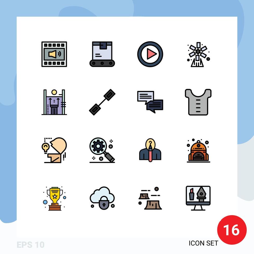 conjunto de linhas preenchidas de cores planas de interface móvel de 16 pictogramas de desempenho, natureza, remessa, jardim, agricultura, elementos de design de vetores criativos editáveis