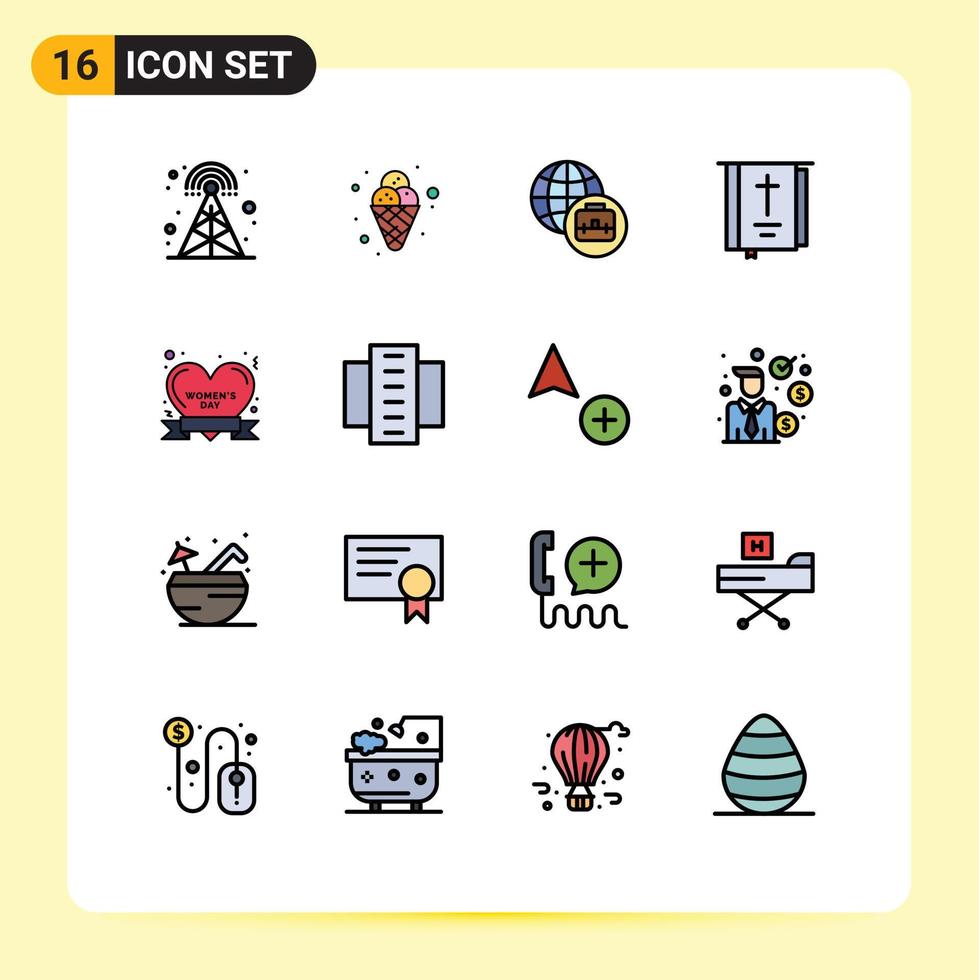 pacote de 16 linhas cheias de cores planas modernas, sinais e símbolos para mídia impressa na web, como dia da mulher, crachá de negócios internacionais, religião, elementos de design de vetores criativos editáveis