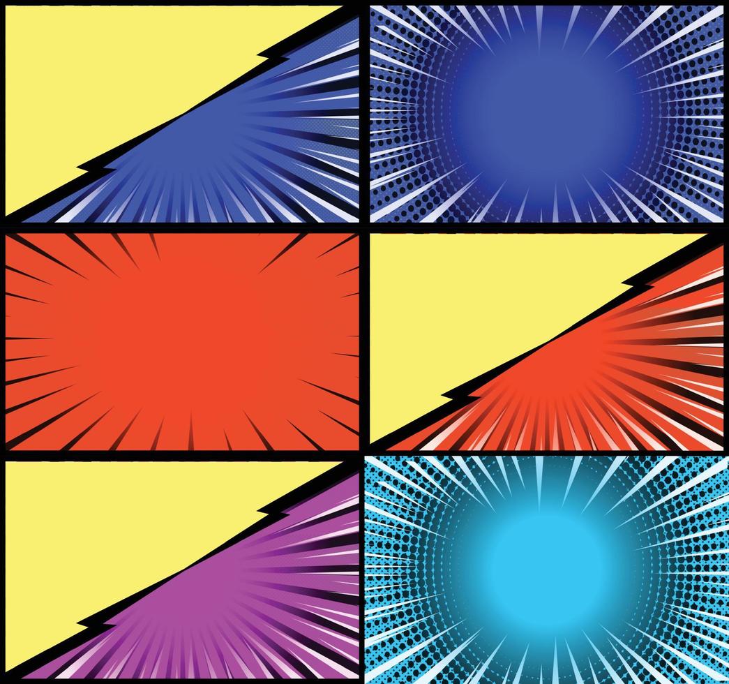 fundo de quadros coloridos de quadrinhos com raios de meio-tom radial e efeitos pontilhados estilo pop art vetor