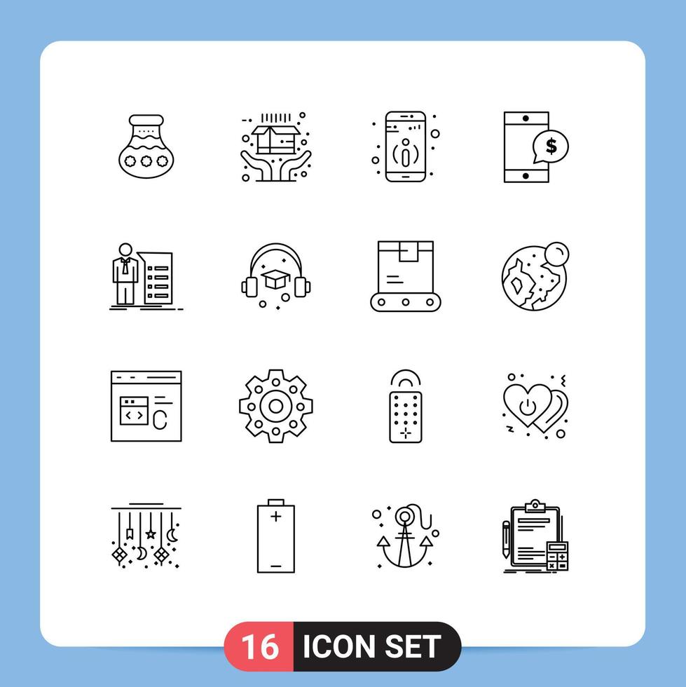 conjunto moderno de 16 contornos e símbolos, como elementos de design de vetores editáveis de célula de dólar de detalhes de negócios gráficos