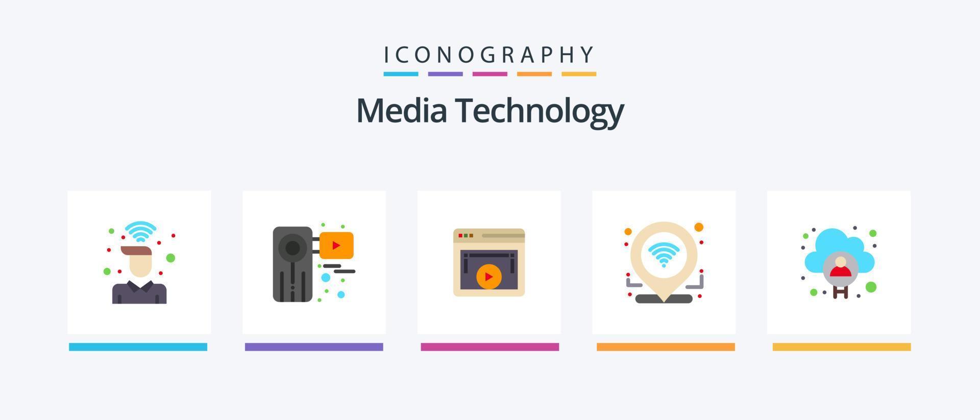 pacote de ícones de tecnologia de mídia plana 5, incluindo localização. check-in. gravador. reprodutor de vídeo. jogador. design de ícones criativos vetor