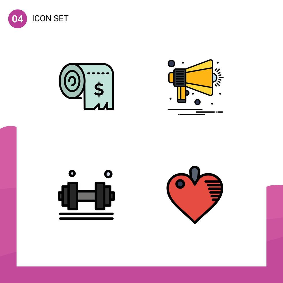 Pacote de cores planas de 4 linhas preenchidas de interface de usuário de sinais e símbolos modernos de despesas de orçamento com halteres chifre exercício elementos de design de vetores editáveis