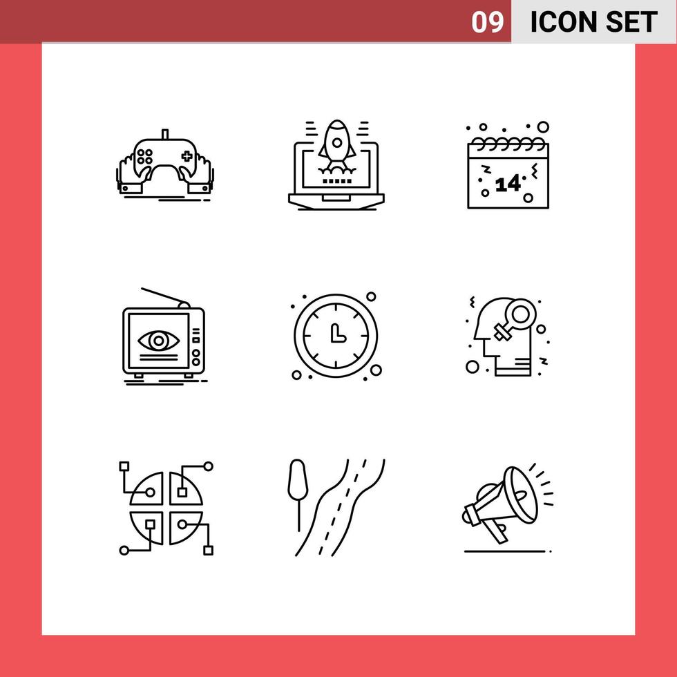 pacote de 9 contornos criativos de elementos de design de vetores editáveis de anúncio de calendário de televisão de relógio