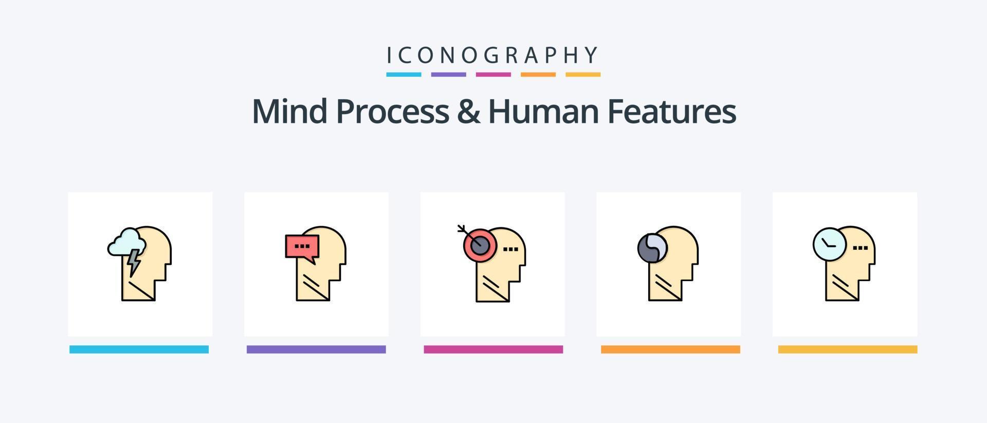 processo mental e linha de características humanas cheias de 5 ícones, incluindo cabeça. teoria. relaxamento. planejamento. humano. design de ícones criativos vetor