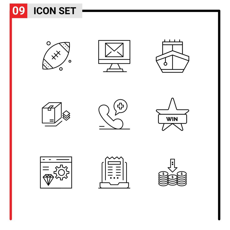 pacote de linha vetorial editável de 9 contornos simples de pacote de transporte móvel médico surpreende elementos de design vetorial editável vetor