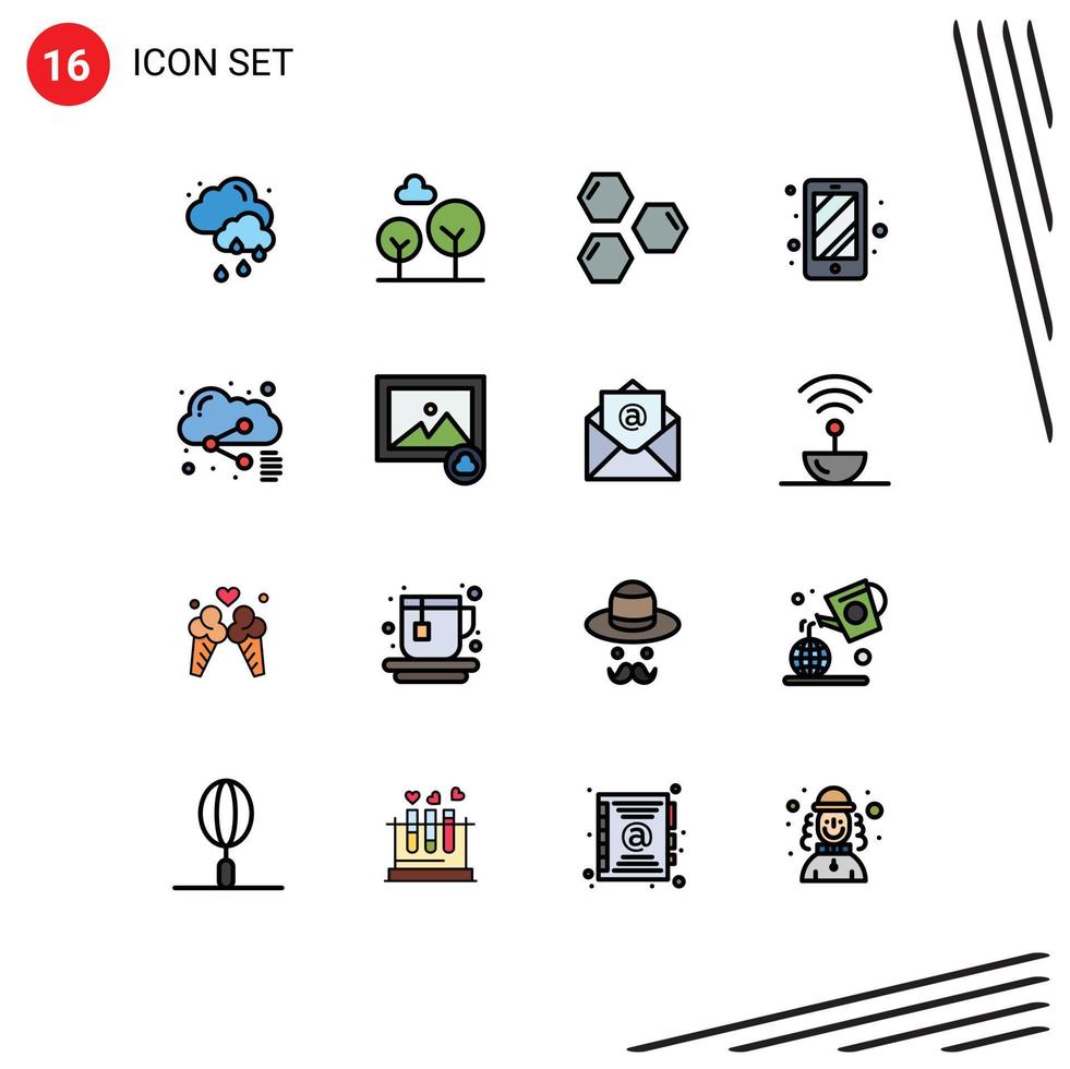 16 sinais de linha cheia de cor plana universal símbolos de compartilhamento de arquivos ciência nuvem smartphone editável elementos de design de vetores criativos