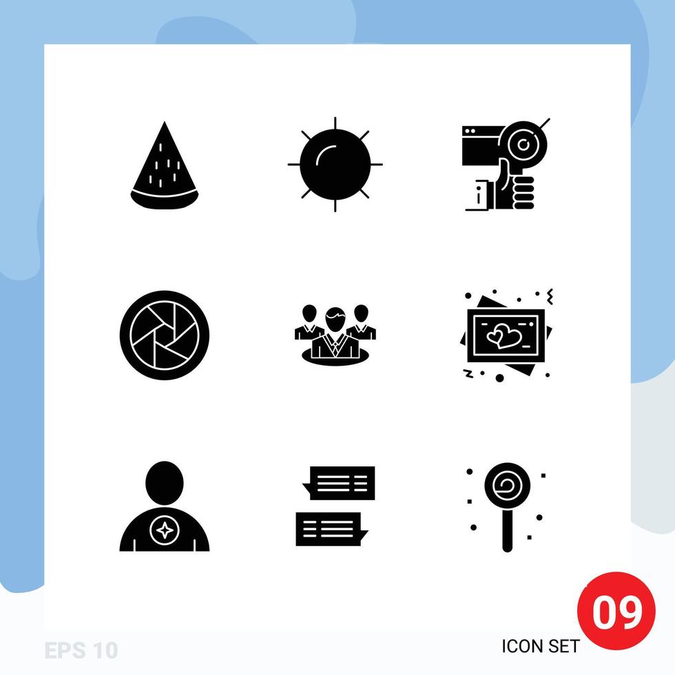 9 ícones criativos, sinais e símbolos modernos de lentes de câmera de bate-papo, olho da câmera para cima, elementos de design de vetores editáveis
