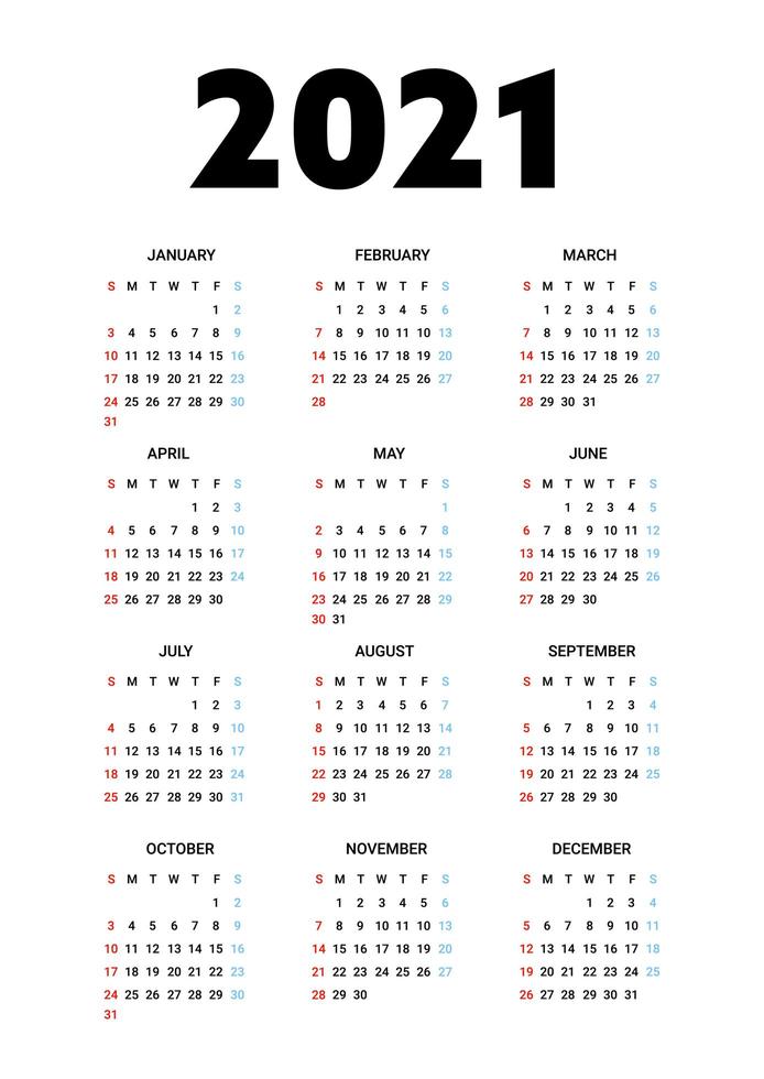 calendário 2021 isolado no fundo branco. semana começa no domingo. ilustração vetorial. vetor