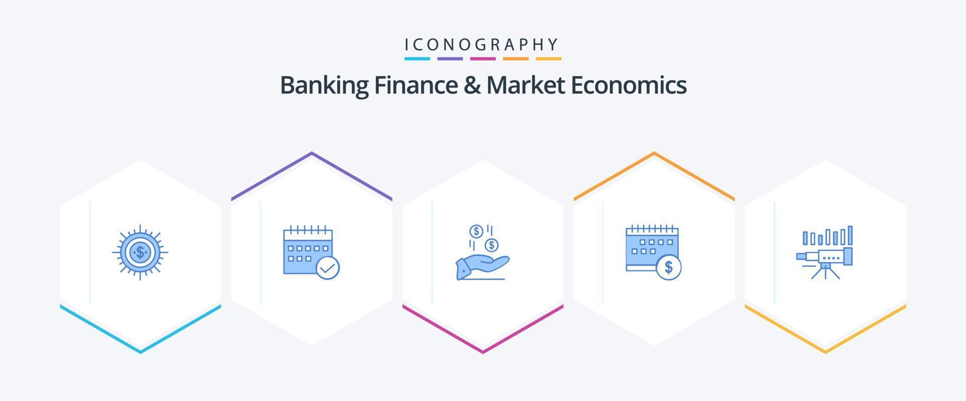 finanças bancárias e economia de mercado 25 pacote de ícones azuis, incluindo moeda. dólar. aprovado. mão. plano vetor