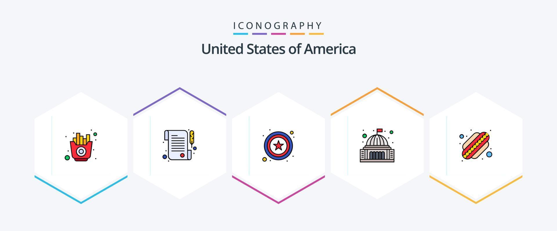 Pacote de ícones de 25 linhas preenchidas dos EUA, incluindo estados. americano. estrela. branco. casa vetor