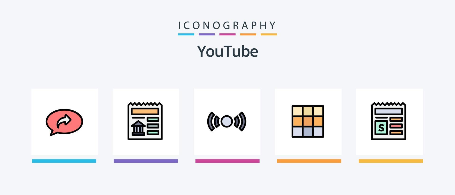 linha do youtube cheia de 5 ícones incluindo configuração. documento. básico. quadro. design de ícones criativos vetor