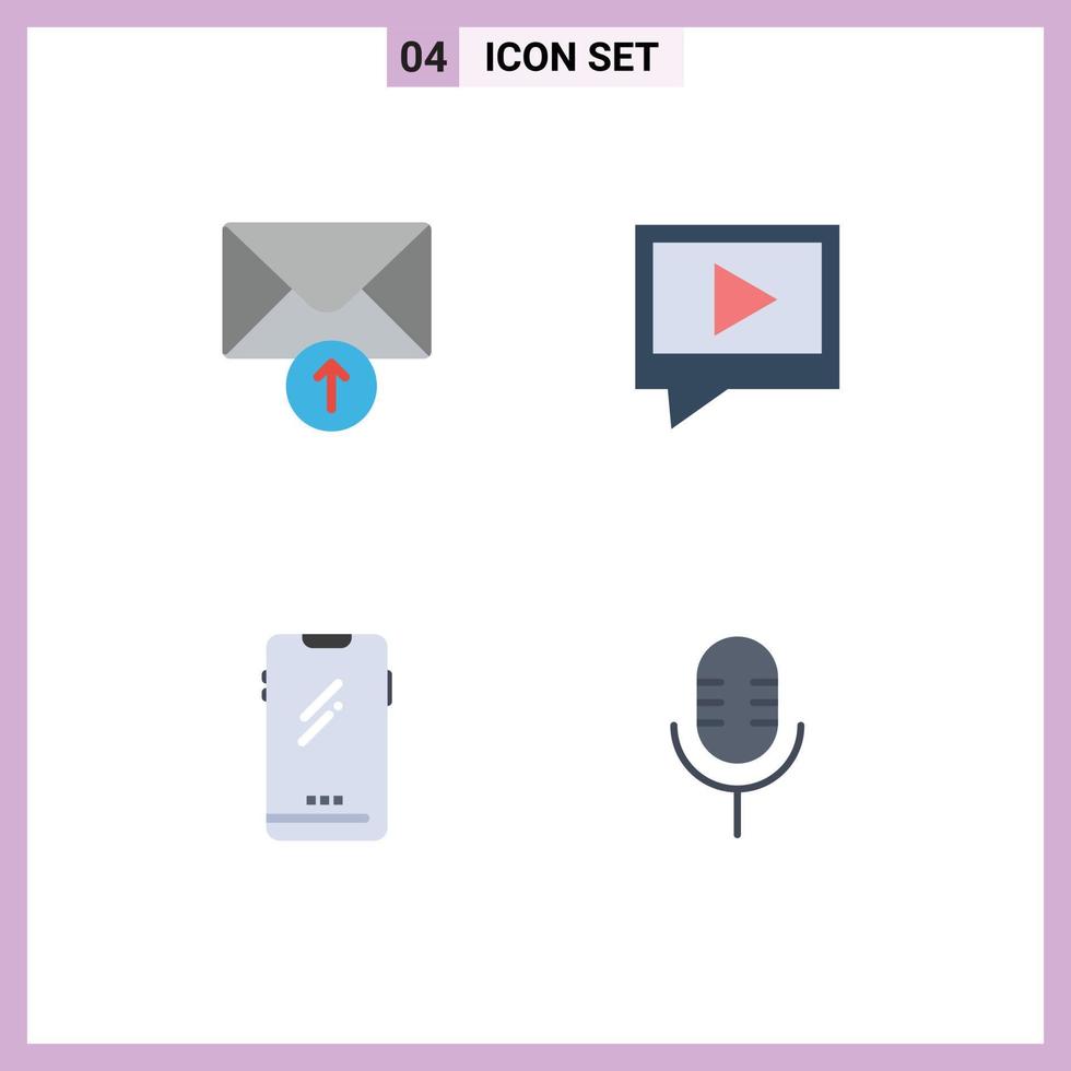 grupo de 4 ícones planos, sinais e símbolos para e-mail, vídeo, telefone, microfone, microfone, vetor editável, elementos de design