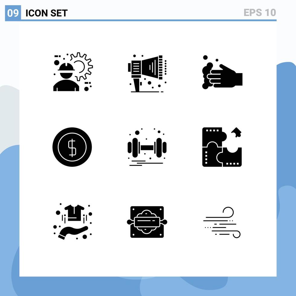 conjunto de pictogramas de 9 glifos sólidos simples de limpeza de dinheiro de academia elementos de design de vetores editáveis em dinheiro de comércio eletrônico