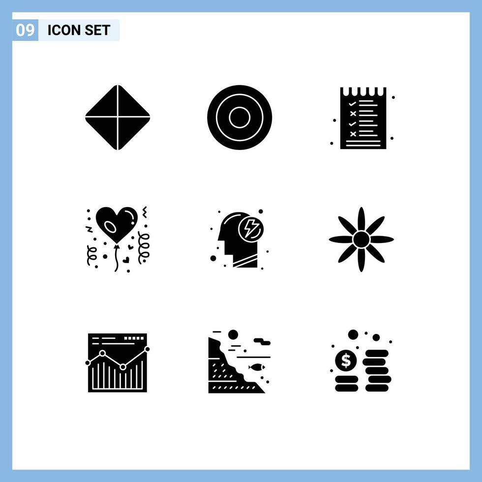 conjunto de 9 sinais de símbolos de ícones de interface do usuário modernos para elementos de design de vetores editáveis de balões de celebração de lista de energia mental