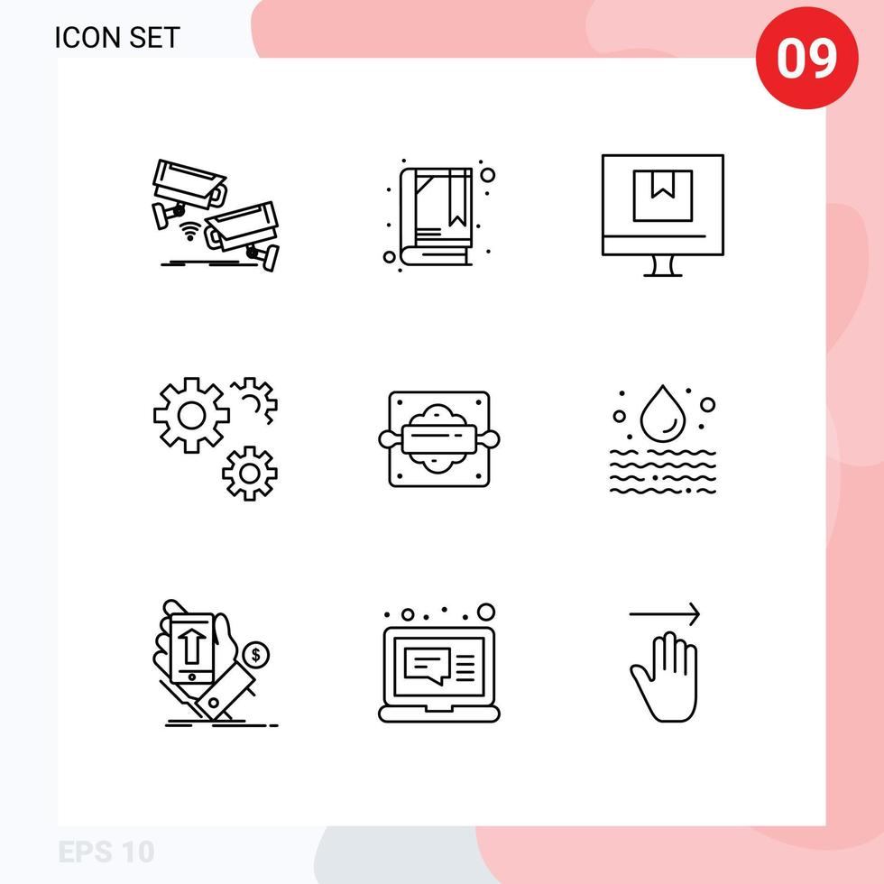 9 contornos universais definidos para aplicativos móveis e da web, caixas de preferências de padaria, engrenagens, elementos de design de vetores editáveis on-line