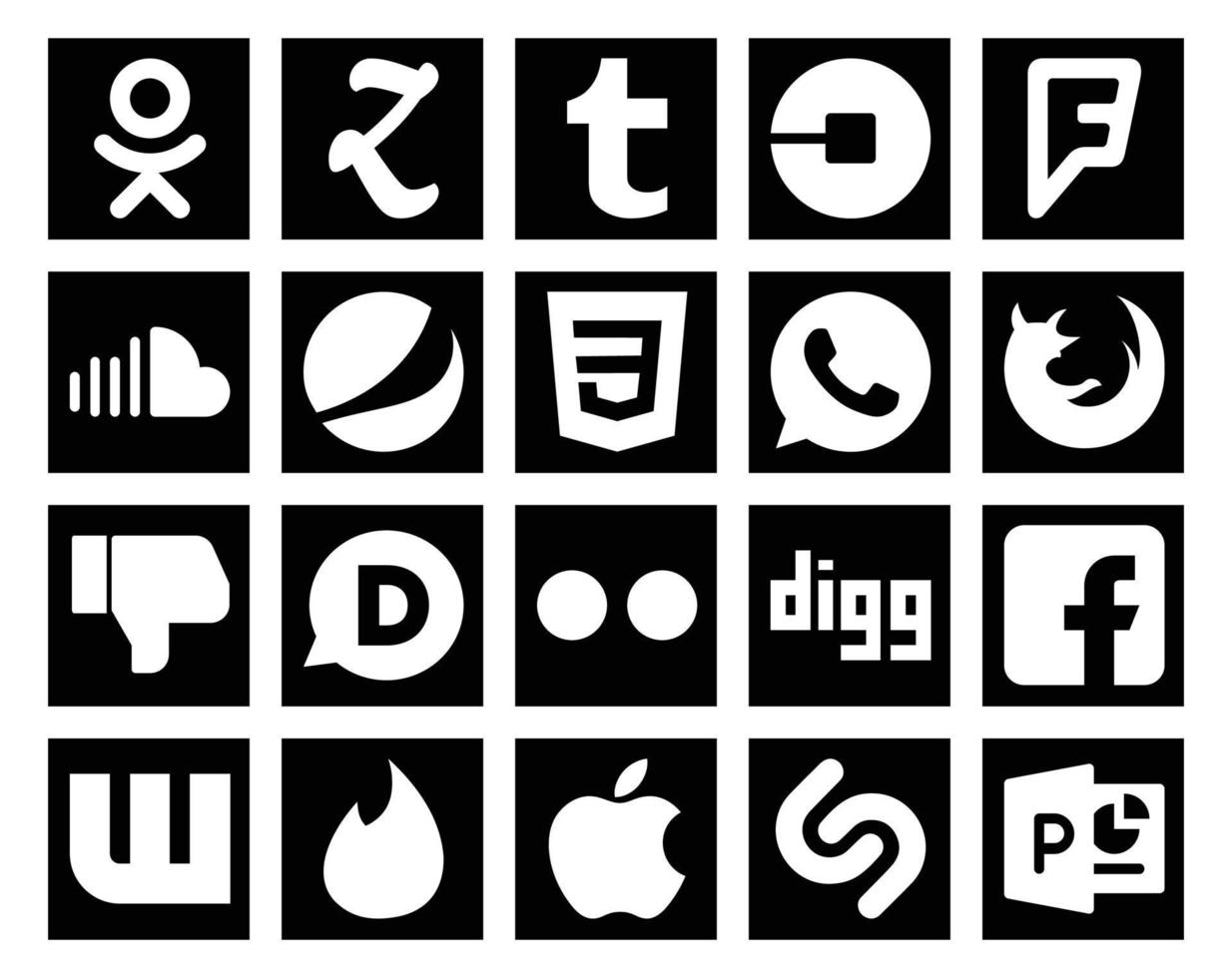 20 pacotes de ícones de mídia social, incluindo flickr, não gostam de som do navegador, whatsapp vetor