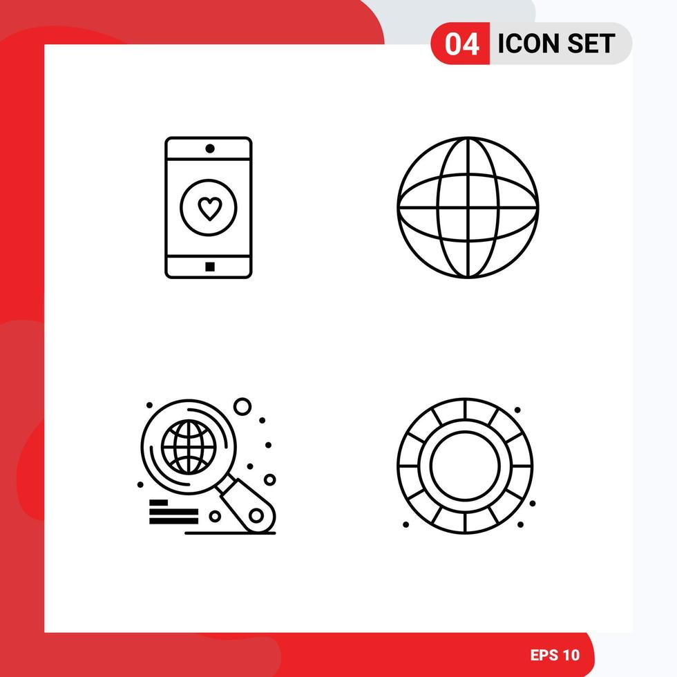 conjunto de 4 sinais de símbolos de ícones de interface do usuário modernos para globo de aplicativo como elementos de design de vetores editáveis de pesquisa de globo