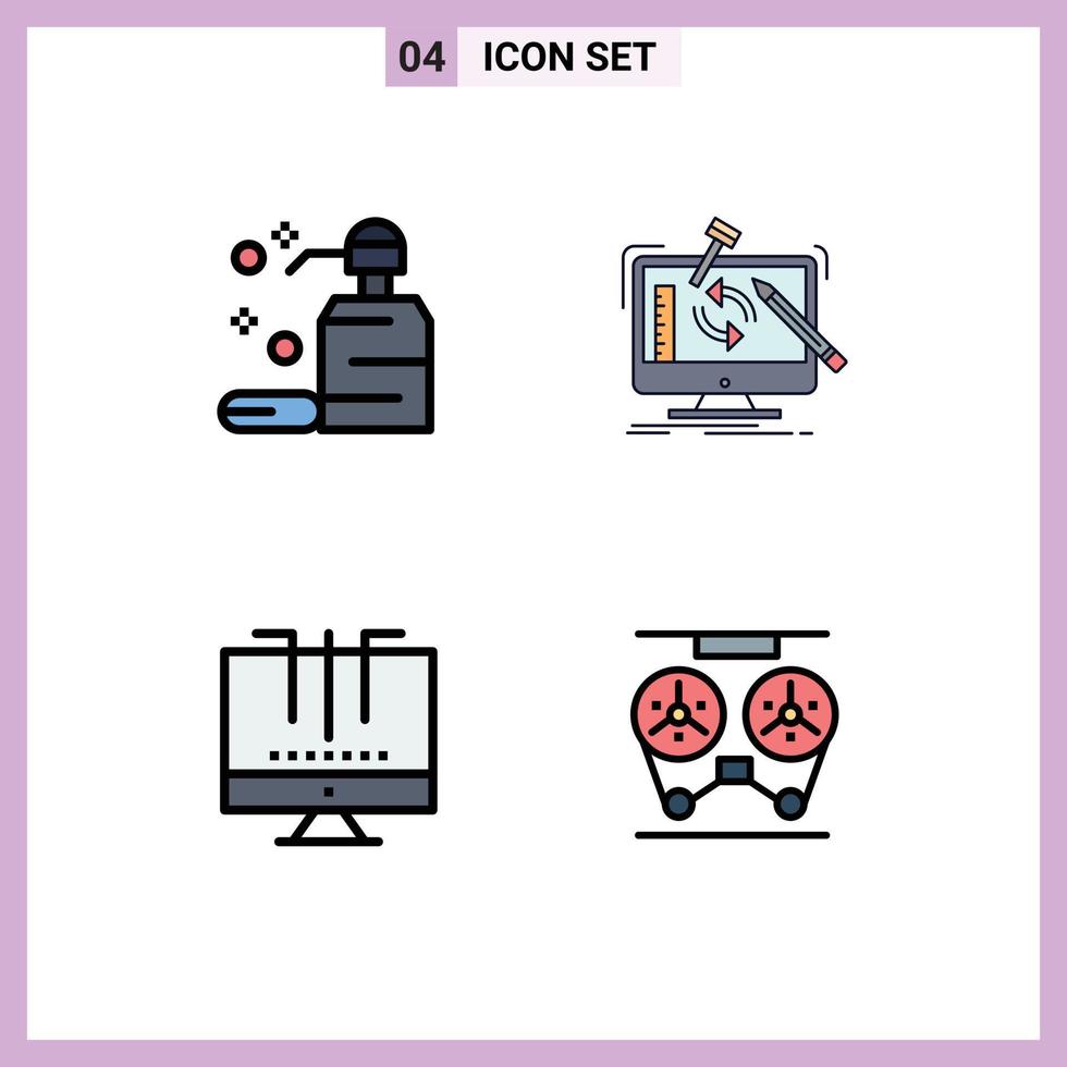 pacote de interface do usuário com 4 cores planas básicas de linhas preenchidas de conexões de cuidado, ferramentas de sabão, mídia, elementos de design vetorial editáveis vetor