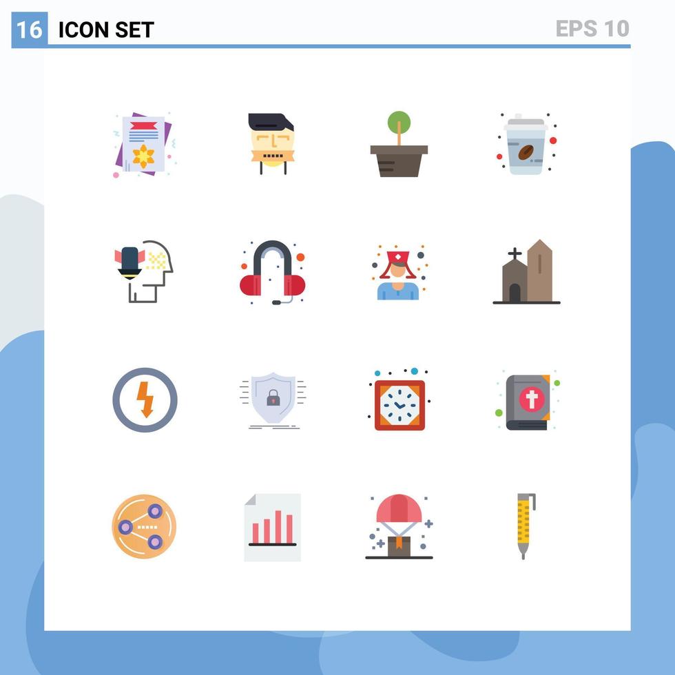 conjunto de 16 símbolos de ícones de interface do usuário modernos, sinais para viagem pessoal, terrorismo, xícara de café, pacote editável de elementos de design de vetores criativos