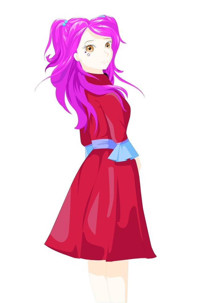 garota de anime com cabelo roxo, olhos castanhos e roupa vermelha vetor