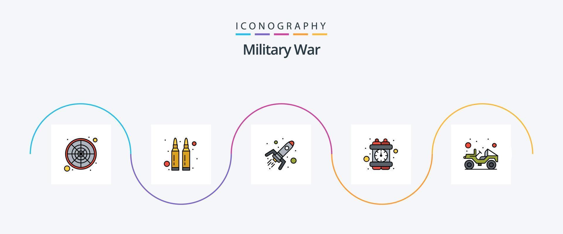 linha de guerra militar cheia de pacote de ícones de 5 planos, incluindo militar. atômico. bomba-relógio. crime vetor