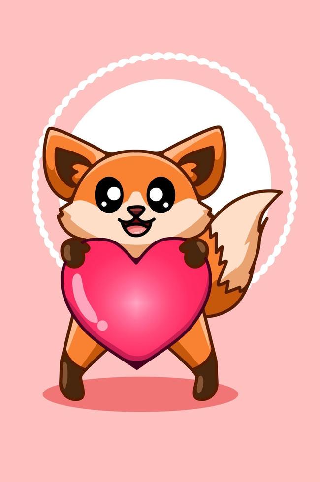 uma pequena raposa bebê fofa e engraçada com uma ilustração de desenho animado de um grande coração vetor