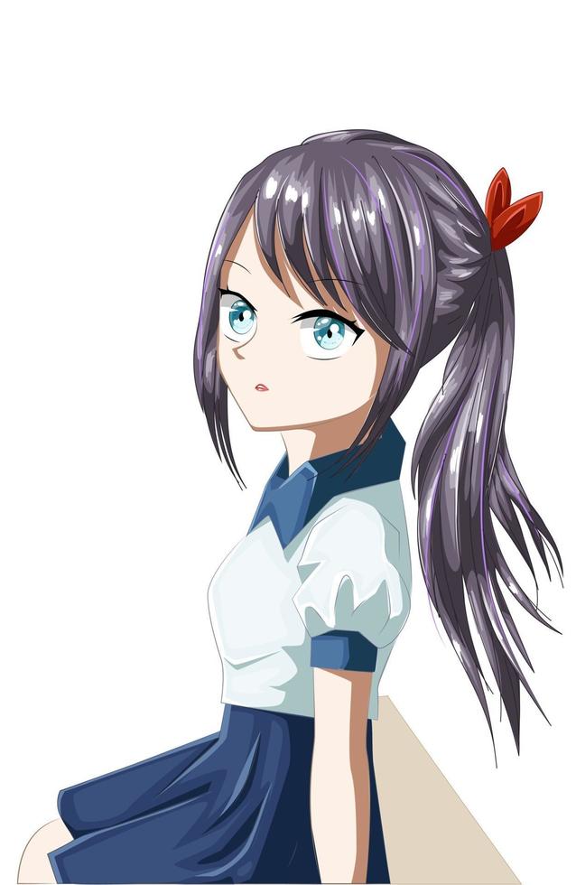 linda garota de anime com cabelo roxo e uniforme azul branco vetor