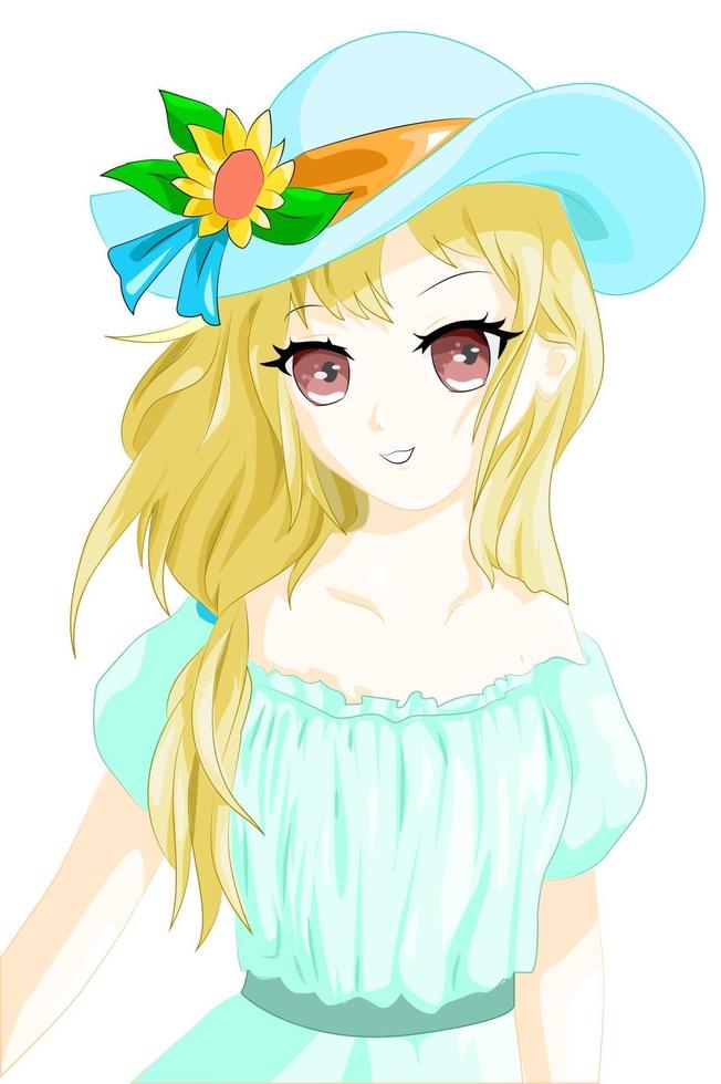 garota de anime com cabelo amarelo e chapéu azul no verão vetor