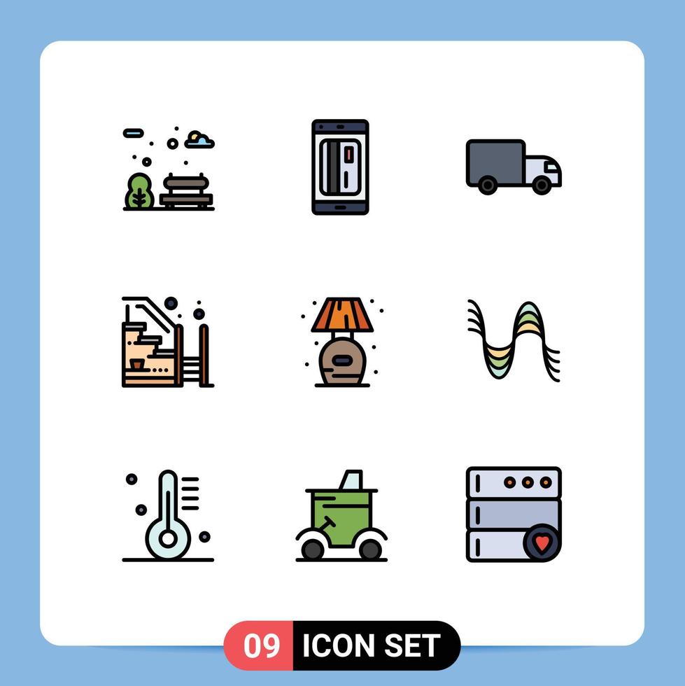 pacote de 9 sinais e símbolos modernos de cores planas de linha preenchida para mídia impressa na web, como escadas de entrega em casa, elementos de design de vetores editáveis em casa