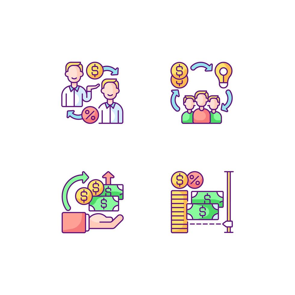conjunto de ícones de cores rgb de plataformas de crowdfunding digital vetor
