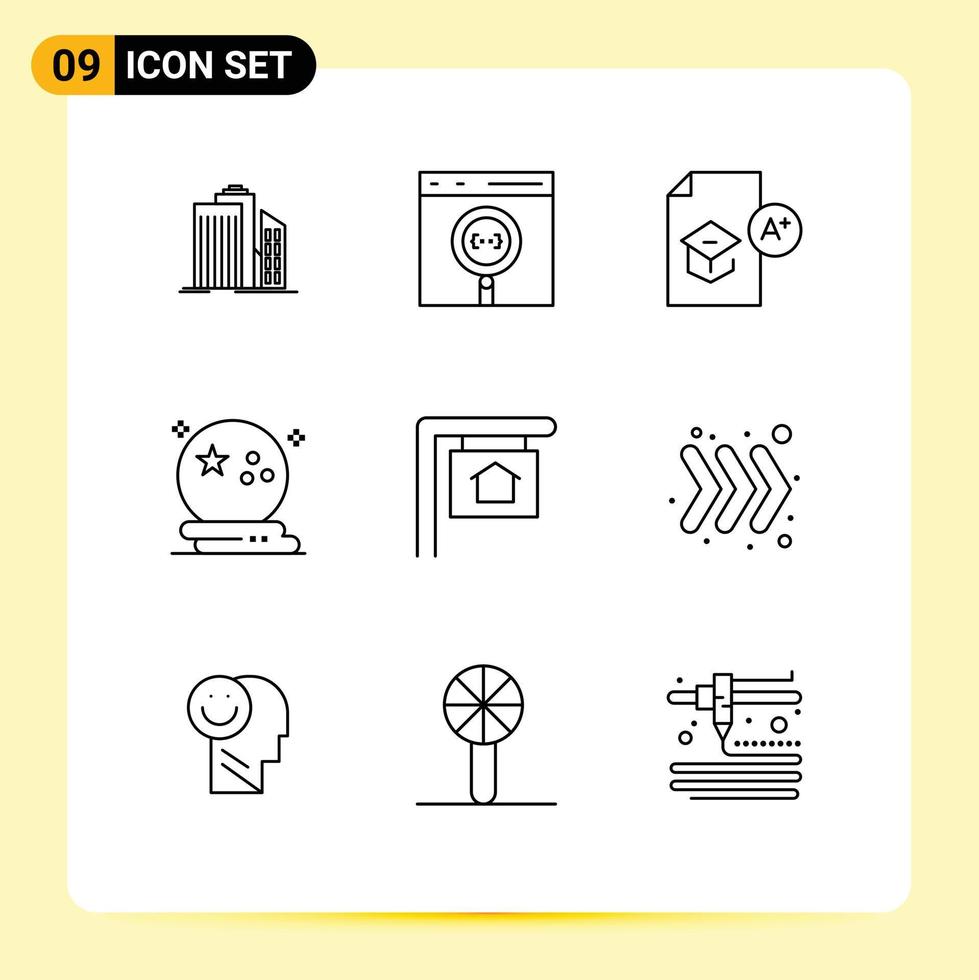 pacote de 9 sinais e símbolos de contornos modernos para mídia impressa na web, como estudo de halloween, codificação, formatura escolar, elementos de design vetorial editáveis vetor