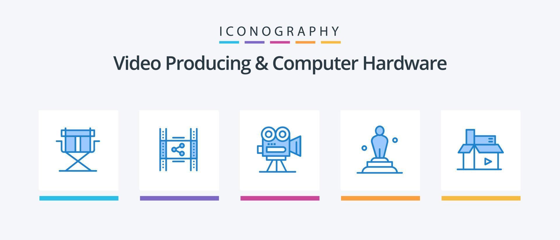 produção de vídeo e pacote de ícones azul 5 de hardware de computador, incluindo estátua. prêmio. compartilhar. Academia. filme. design de ícones criativos vetor